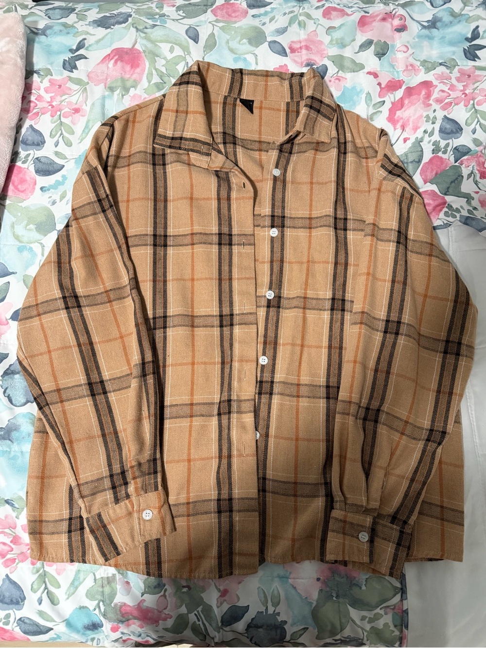 SHEIN Tan Plaid Button-Up Shirt with Black and Rust Stripes